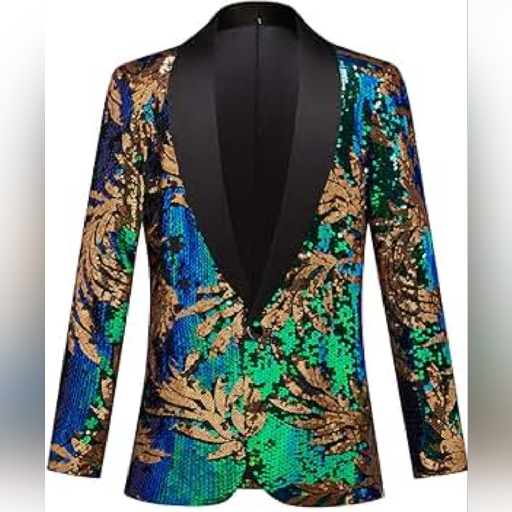 Sequin Blazer For Men Blue/Green/ Gold Leaves Pattern